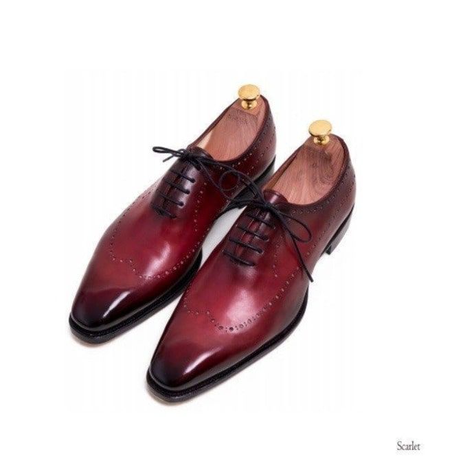 Men’s Handmade Burgundy Color Leather Shoes, Men Wing Tip Brogue Dress  Formal Lace Up Shoes