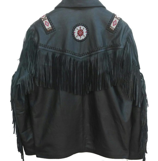 Men's Western Culture Cowboy Leather Jacket Beads Patches Black Fringes ...